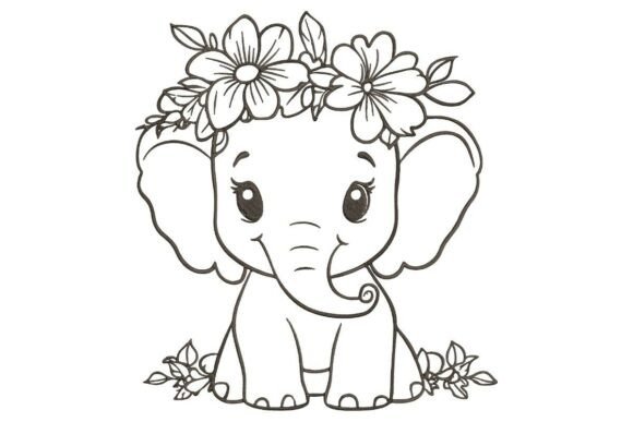 Cute Baby Elephant with Flower Crown Embroidery Design