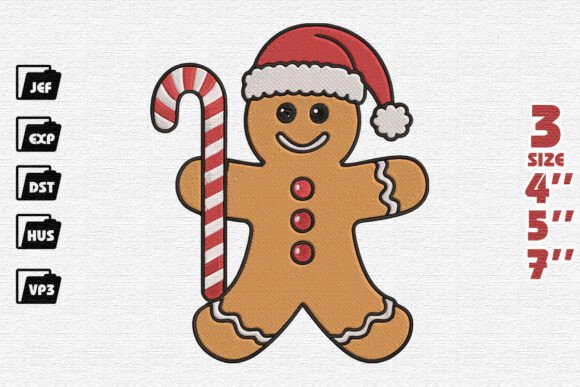 Cute Christmas Gingerbread Man with Candy Cane Embroidery Design