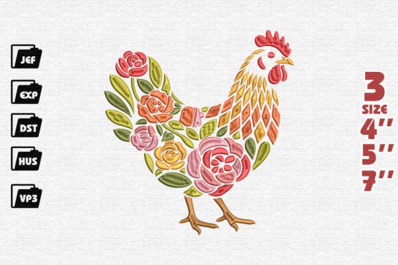 Folk Art Rooster Embroidery Design with Roses and Geometric Feathers