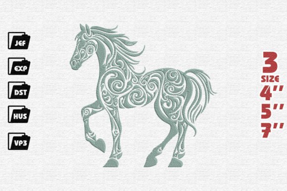 Ornate Prancing Horse Embroidery in Sage Green